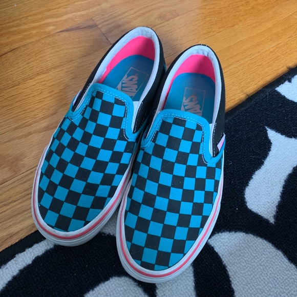 aqua black checkered vans